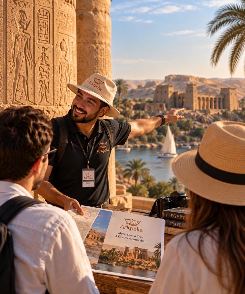 Egyptian guide pointing at an ancient temple