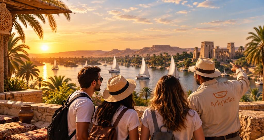 Travelers connecting with an Egyptian guide