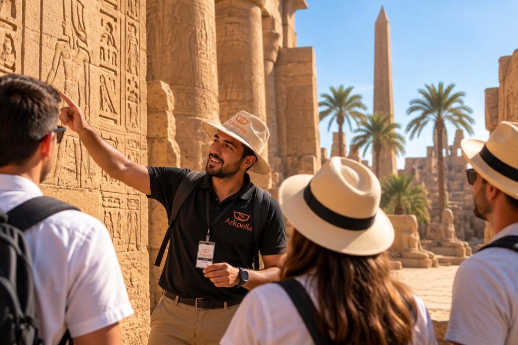 Egyptian local tour guide interacting with travelers at historical site